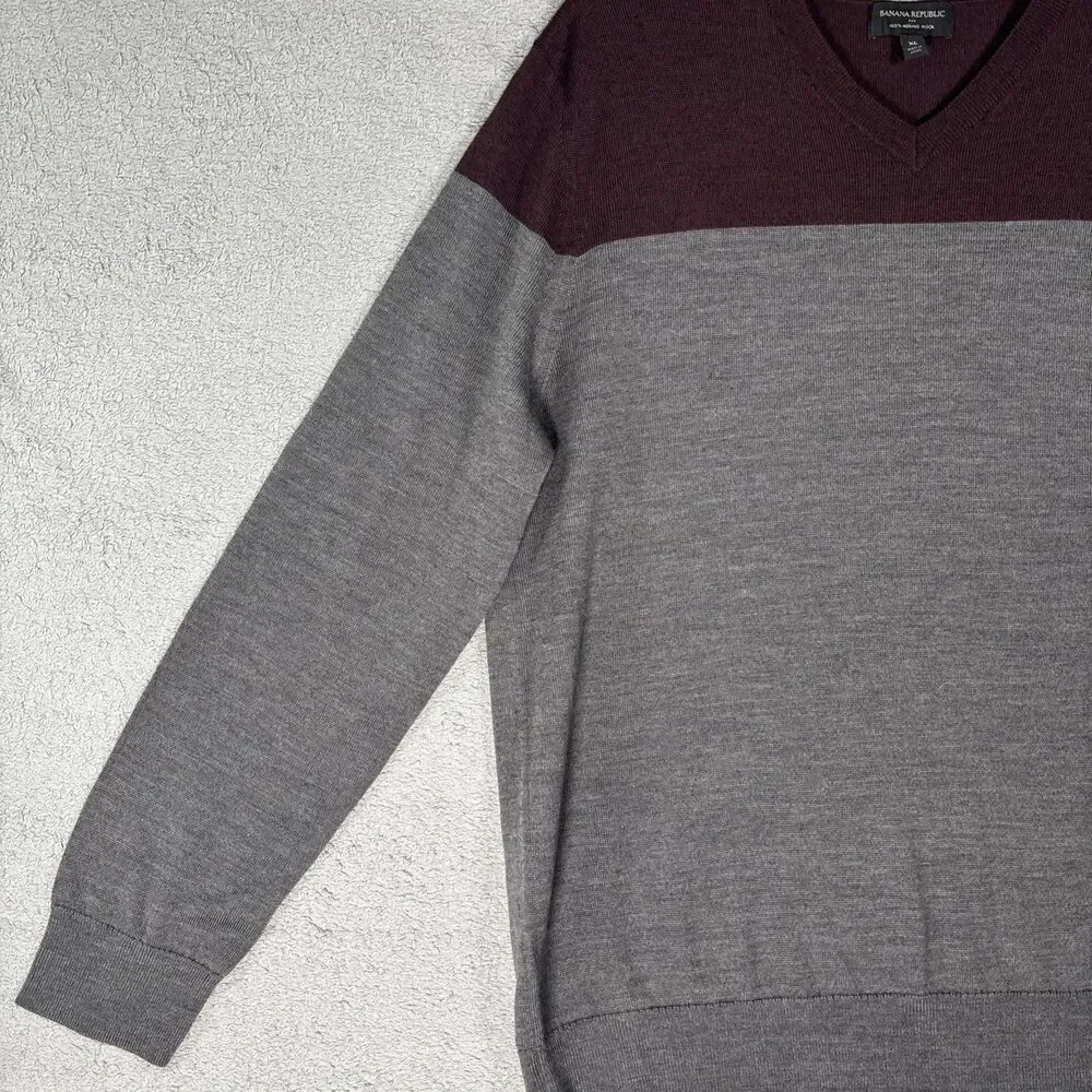 Banana Republic Mens Size XL Merino Wool Long Sleeve‎ V Neck Sweater Grey Preppy